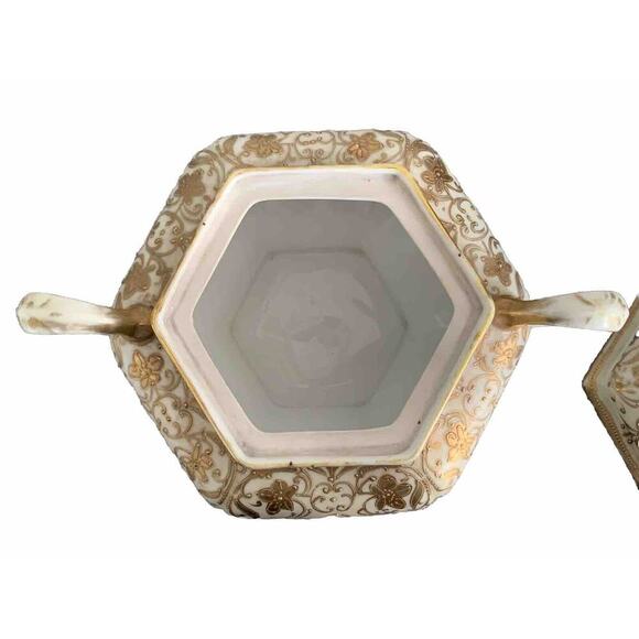 Vintage Nippon Gold Gilded Moriage Porcelain Hexagon Sugar Bowl Hand Painted Lid - Picture 4 of 14